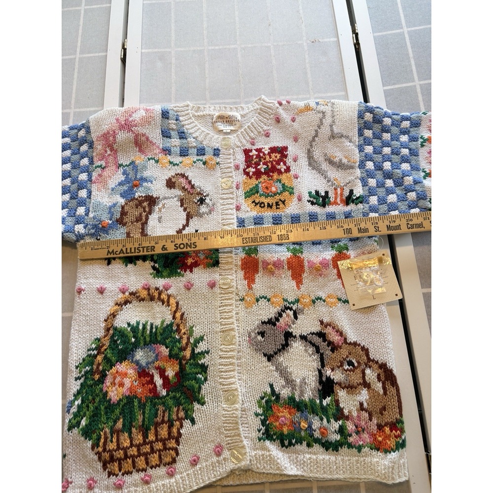 1995 Vtg Susan Bristol Bunny Basket Cardigan NWT 3D Embellish Easter Sweater L - Picture 11 of 13
